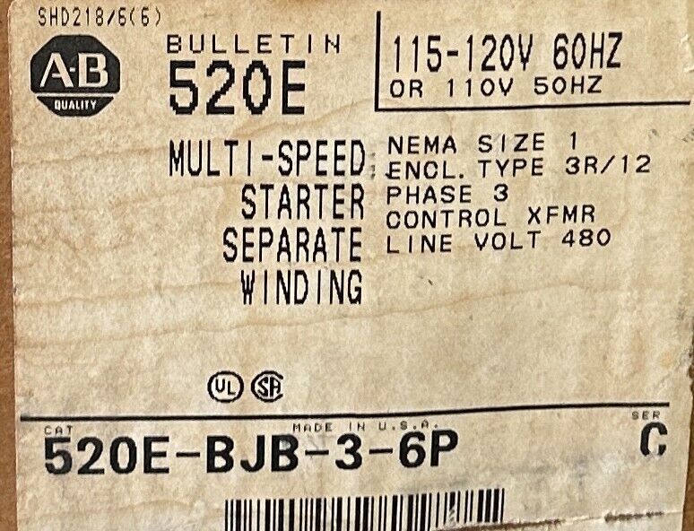 ALLEN BRADLEY 520E-BJB-3-6P /C 2-SPEED SEP WINDING STARTER, SIZE-1, 30 A NSMP