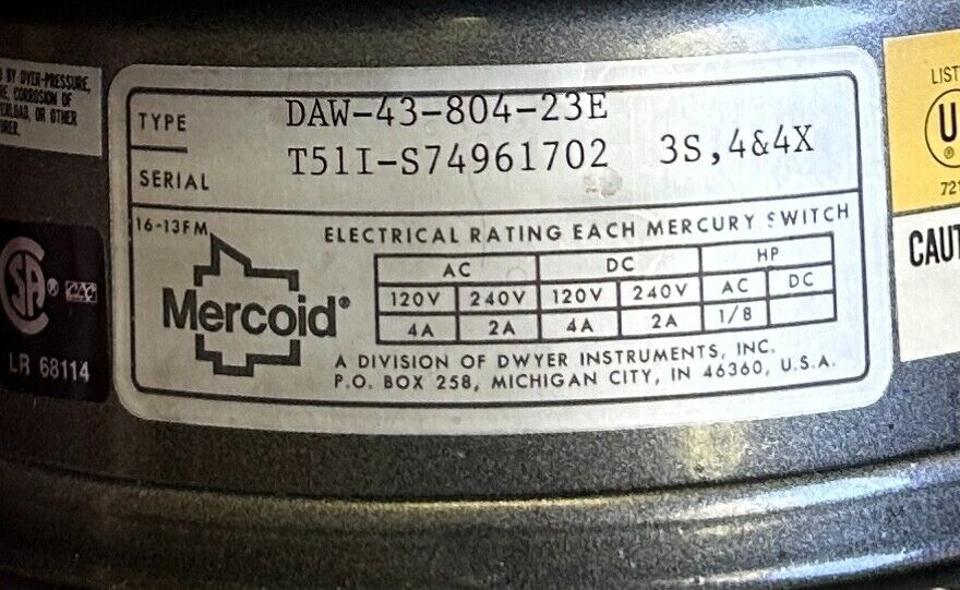 MERCOID DAW-43-804-23E / DAW4380423E BOURDON TUBE PRESSURE SWITCH TYPE SB SEAL