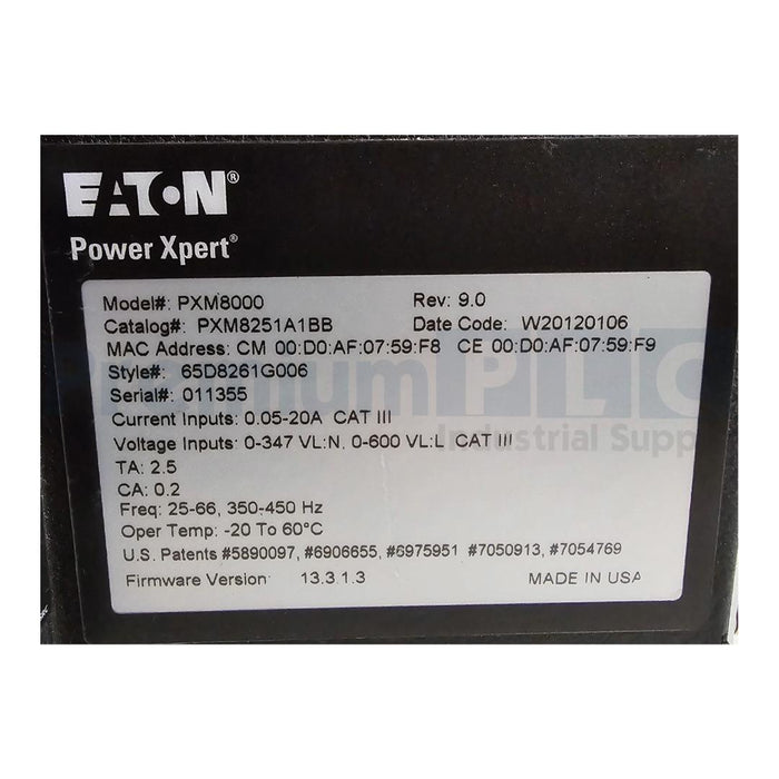 EATON PXM8251A1BB / PXM8000 POWER XPERT QUALITY METER 100-240VAC VDC 8GB REV 9.0