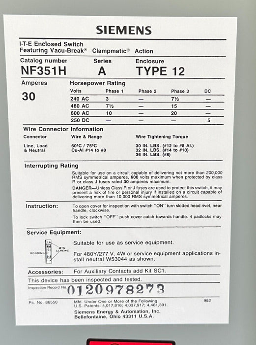 NEW SIEMENS ITE NF351H /A Vacu-Break SWITCH W/ Clampmatic CONTACTS 30A 600VAC