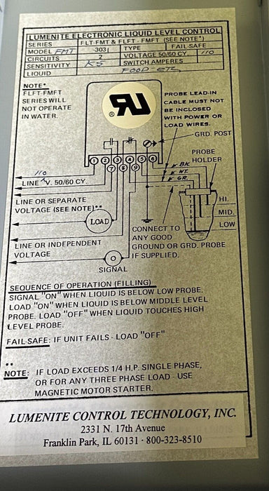 NEW LUMENITE CONTROL TECH FMT-3031 / FMT3031 FOOD-ETC LIQUID LEVEL CONTROL 110V