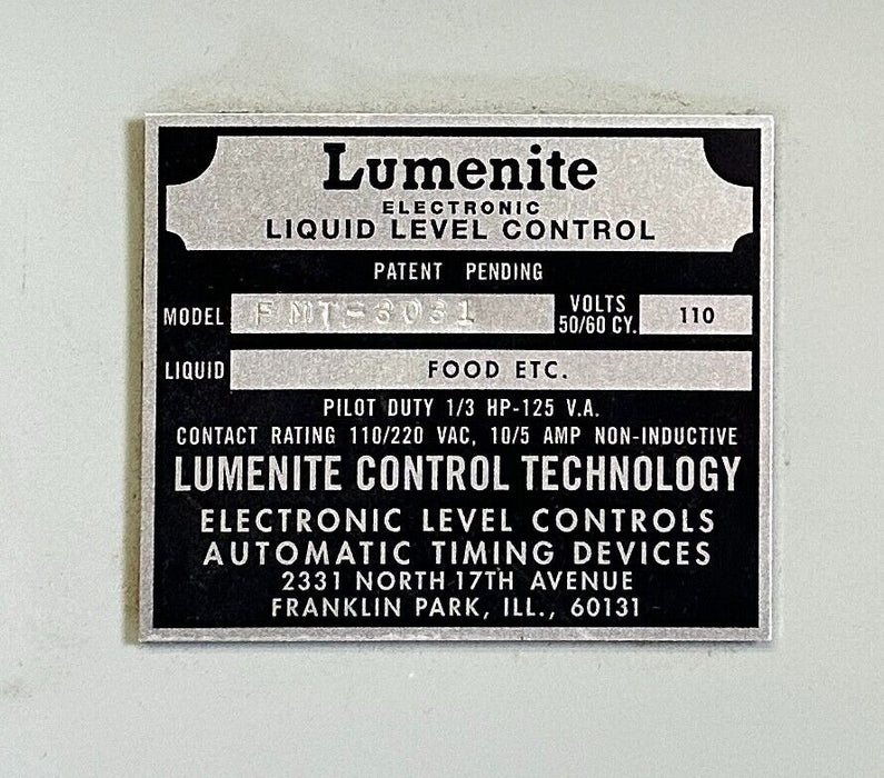 NEW LUMENITE CONTROL TECH FMT-3031 / FMT3031 FOOD-ETC LIQUID LEVEL CONTROL 110V