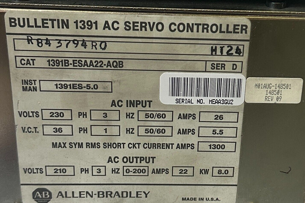 For Parts ALLEN BRADLEY 1391B-ESAA22-AQB /D AC SERVO CONTROLLER 8kW 22A 3-PHASE