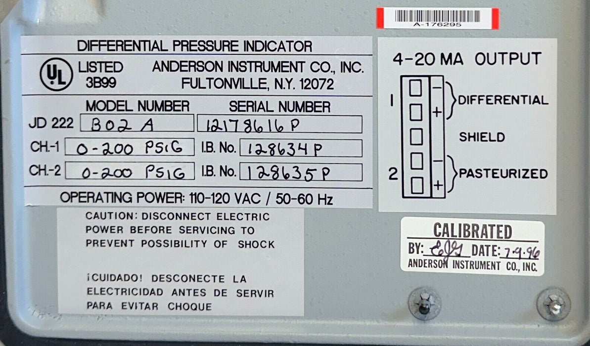 For Parts ANDERSON JD222-B02A / JD222B02A DIFFERENTIAL PRESSURE INDICATOR 4-20mA