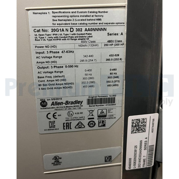 USED ALLEN BRADLEY 20G1AND302AA0NNNNN /A PowerFlex 755 AC DRIVE VFD 250HP 480V