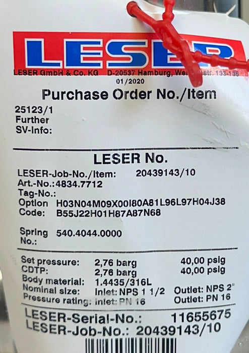 NEW LESER 4834.7712 / 48347712 RELIEF VALVE NPS 1-1/2'' SPRING LOADED 316SS NSNP