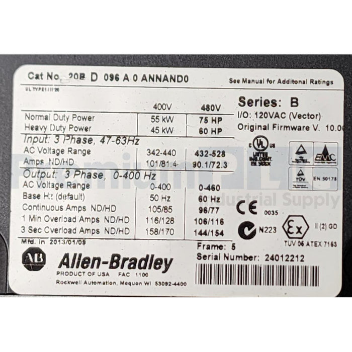 USED ALLEN BRADLEY 20BD096A0ANNAND0 /B  PowerFlex 700 AC DRIVE VFD 480V 96A 75HP