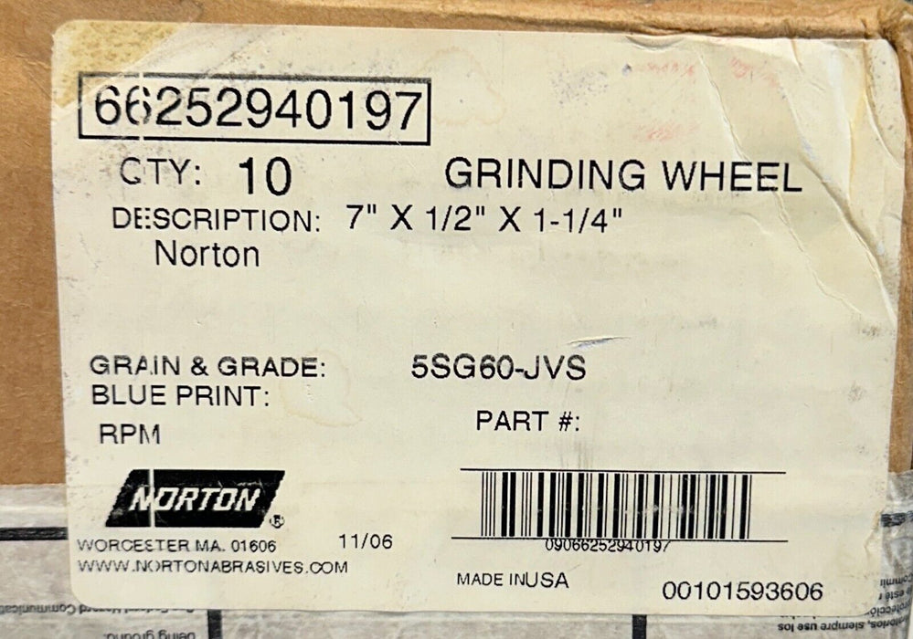 10 NEW NORTON 5SG60-JVS / 5SG60JVS 7''x1/2''x1-1/4'' GRINDING WHEEL 3600RPM NSMP