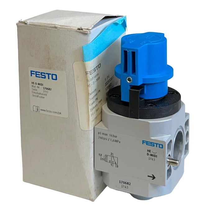 NEW FESTO HE-D-MIDI / 170682 ON/OFF SHUTOFF VALVE 16BAR 240PSI 1.6MPa NSMP