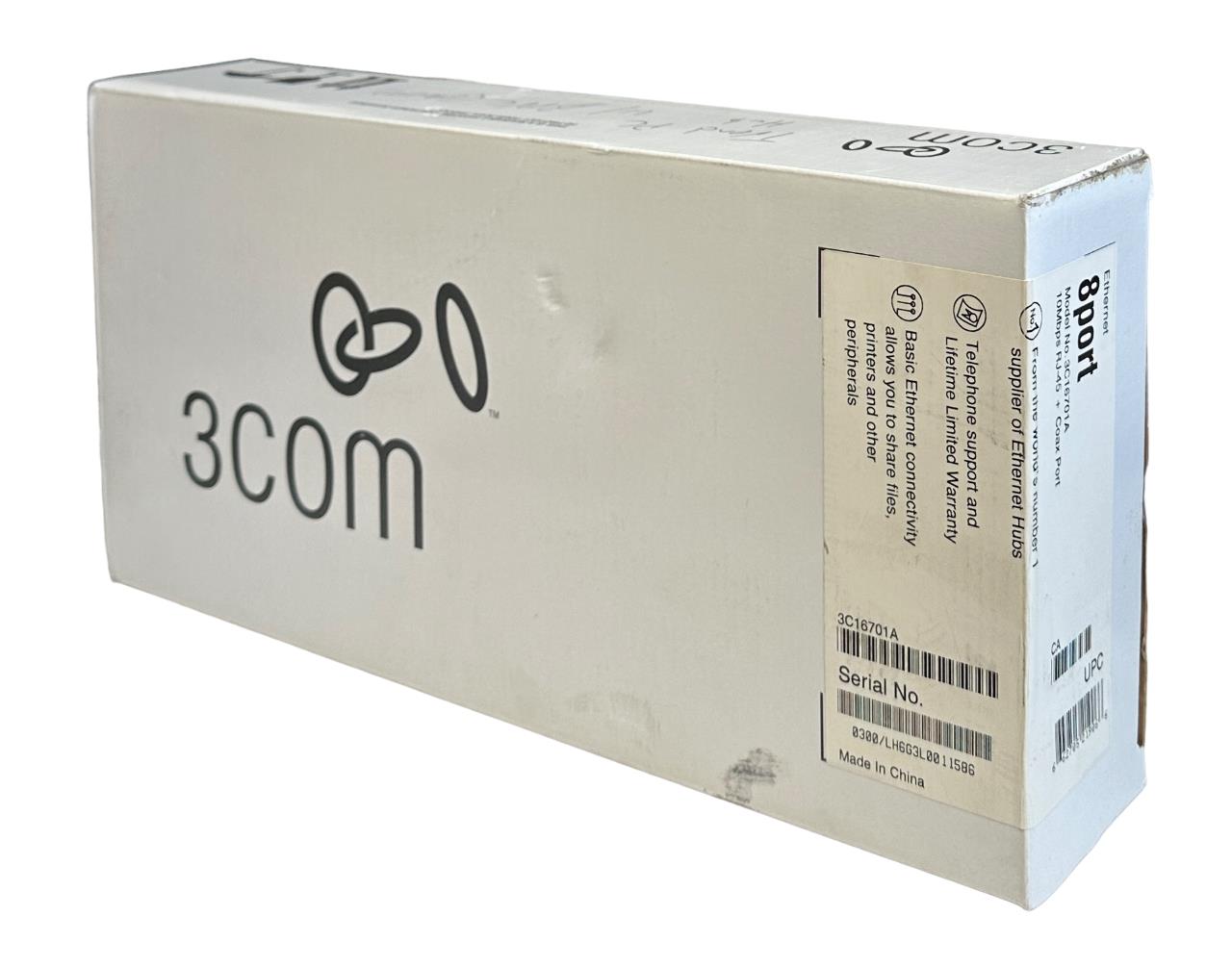 NEW 3COM 3C16701A / 8PORT 10Mpbs RJ-45 + COAX PORT EtherNet HUB 8-PORT NSMP
