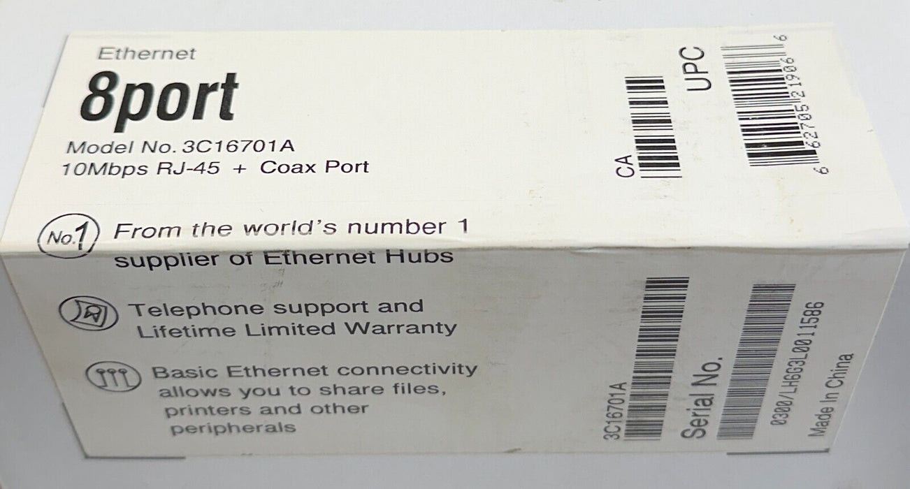 NEW 3COM 3C16701A / 8PORT 10Mpbs RJ-45 + COAX PORT EtherNet HUB 8-PORT NSMP