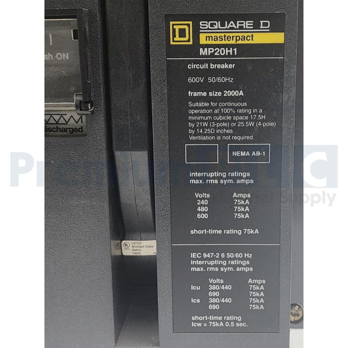 SQUARE D MP20H1 MASTERPACT CIRCUIT BREAKER 2000A 4P FRAME W/STR18M 1600AMP TRIP