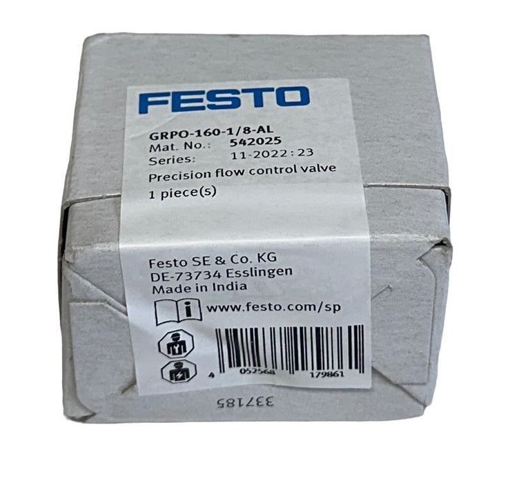 NEW SEALED FESTO GRPO-160-1/8-AL / 542025 PRECISION FLOW CONTROL VALVE G1/8 NSFS