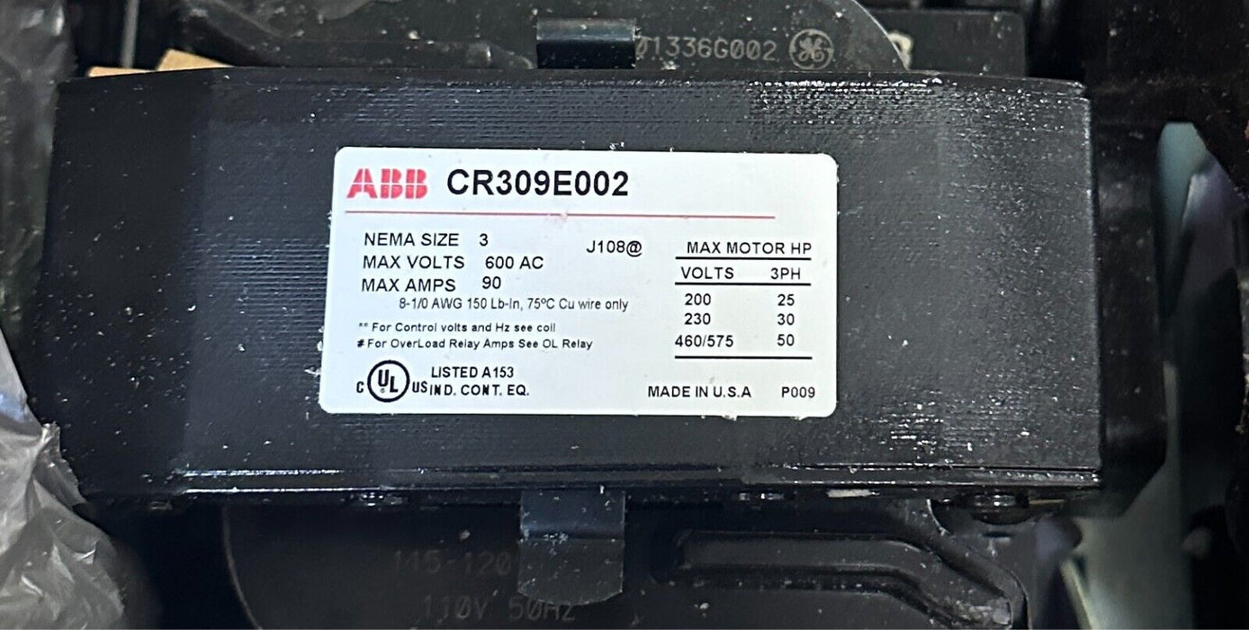 NEW ABB GE CR309E002 MAGNETIC STARTER REVERSER SIZE 3 600VAC 90A 25-50HP NSMP