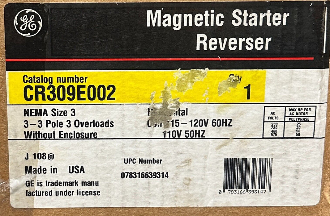 NEW ABB GE CR309E002 MAGNETIC STARTER REVERSER SIZE 3 600VAC 90A 25-50HP NSMP