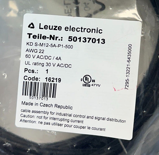 NEW LEUZE KD S-M12-5A-P1-500 / 50137013 CONNECTION CABLE 60V AC/DC 4A AWG22 NSFS