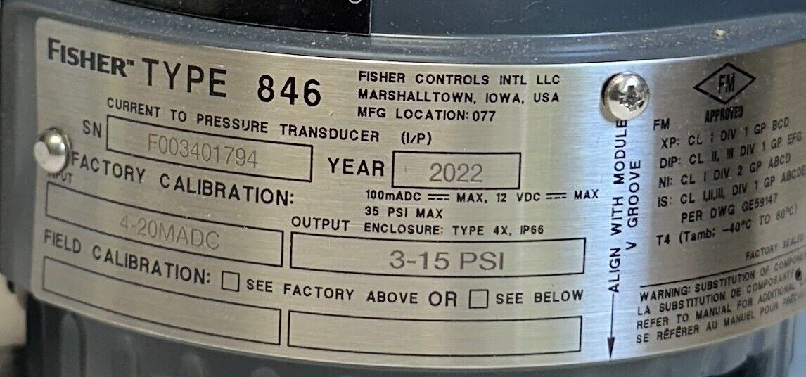 FISHER 846-738-110315 / 18B43993052 Electro-Pneumatic TRANSDUCER TYPE 846 NSMP