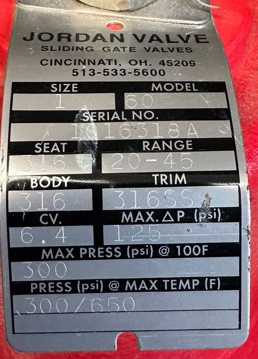 JORDAN VALVE MODEL 60 SELF-OPERATED SLIDING GATE PRESSURE REGULATOR SIZE 1 NSNP