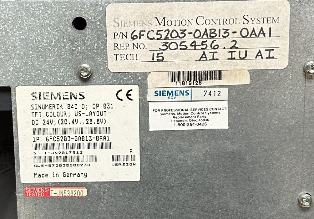 SIEMENS 6FC5203-0AB13-0AA1 / 6FC52030AB130AA1 SINUMERIK 840D OP031 TFT COLOR REP