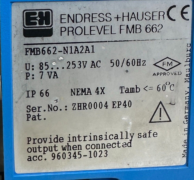 ENDRESS+HAUSER FMB662-N1A2A1 PROLEVEL FMB 662 LEVEL TRANSMITTER 85-253VAC USNP