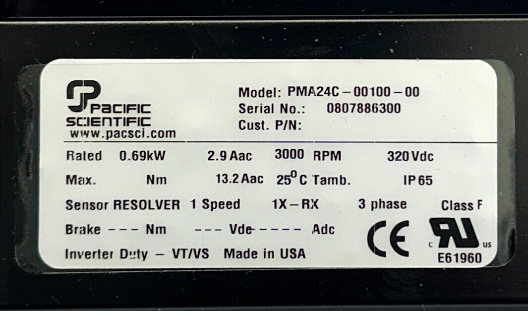 PACIFIC SCIENTIFIC PMA24C-00100-00 / PMA24C0010000 SERVO MOTOR 0.69kW 320V NSNP