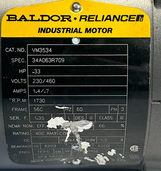 BALDOR RELIANCE VM3534 / 34A063R709 INDUSTRIAL AC MOTOR .33HP 230/460V 56C NSNP