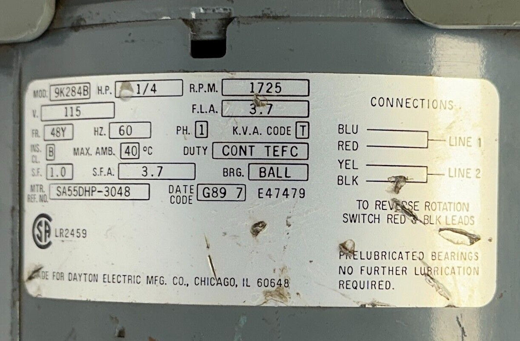 DAYTON 9K284B ELECTRIC MOTOR 1/4HP 115V 1725RPM 60Hz 48Y FRAME 1-PHASE USNP