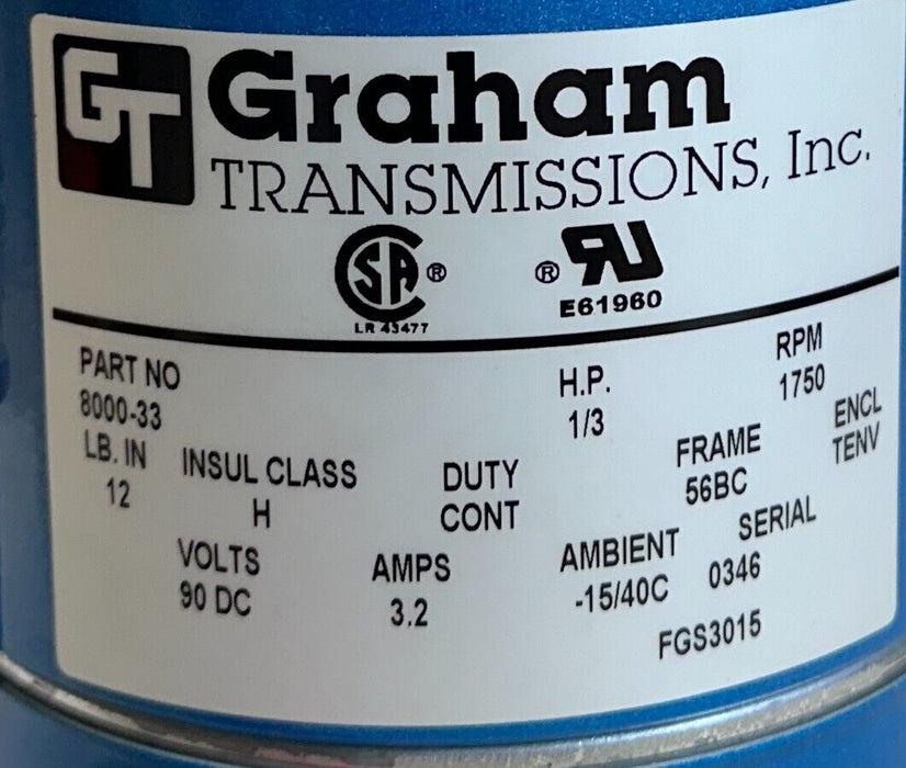 GRAHAM TRANSMISSIONS 8000-33 / 800033 DC MOTOR 1/3HP 1750RPM 90VDC 3.2A NSNP