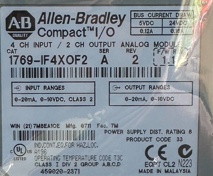 ALLEN BRADLEY 1769-IF4XOF2 /A CompactLogix 6-CH INPUT/OUTPUT ANALOG MODULE NSMP