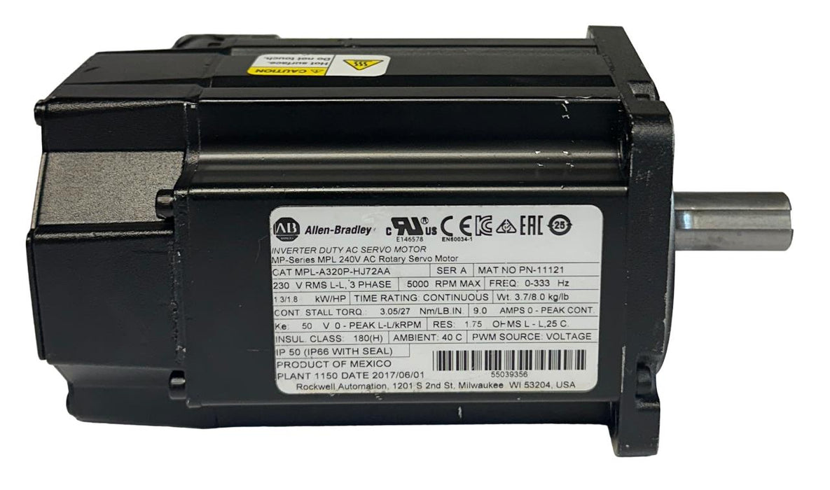 ALLEN BRADLEY MPL-A320P-HJ72AA /A MP-Series AC SERVO MOTOR 1.3kW/1.8HP 240V USNP