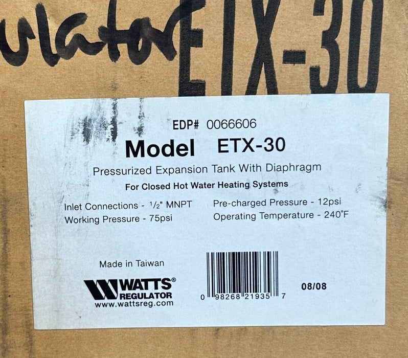 WATTS 0066606 MODEL ETX-30 / ETX30 PRESSURIZED EXPANSION TANK W/ DIAPHRAGM NSFS