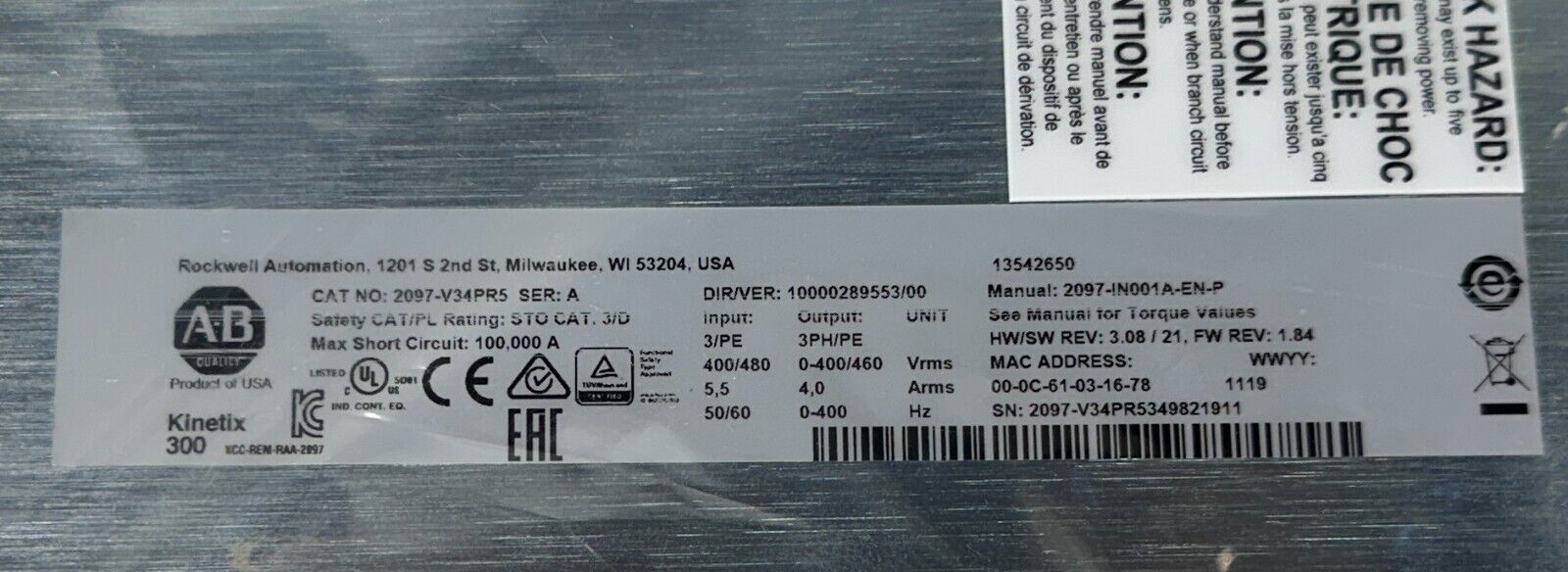 ALLEN BRADLEY 2097-V34PR5 /A Kinetix 300 INDEX SERVO EtherNet/IP 2097V34PR5 NSMP