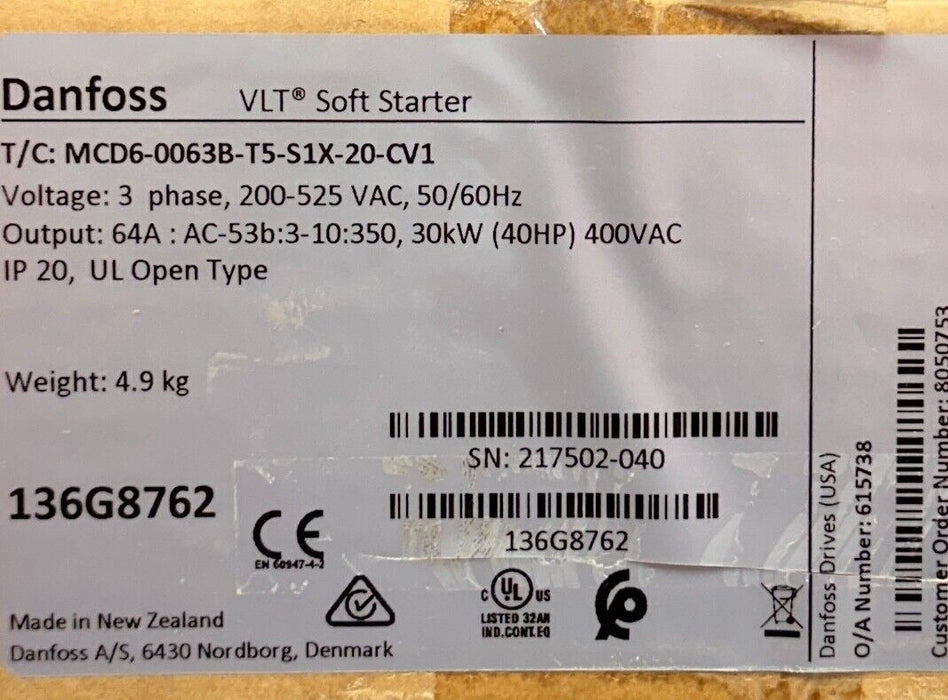 DANFOSS MCD6-0063B-T5-S1X-20-CV1 / 136G8762 VLT SOFT STARTER 30kW/40HP 3PH NSMP