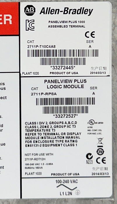 ALLEN BRADLEY 2711P-T10C4A8 /A PanelView Plus 1000 COLOR/TOUCH ENet PREPRO NSMP