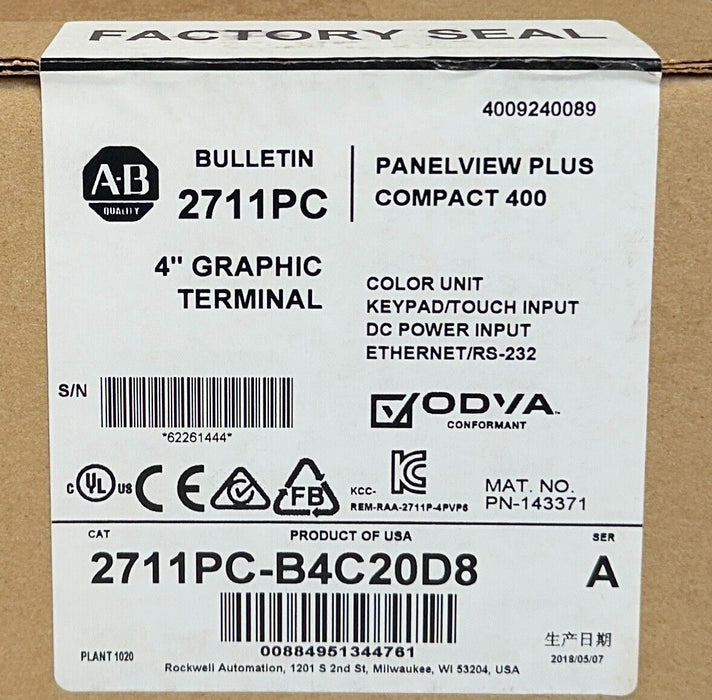 ALLEN BRADLEY 2711PC-B4C20D8 /A PanelView Plus COMPACT 400 KEY/TOUCH ENet NSFS