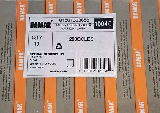 LOT OF 10 NEW DAMAR 01801303658 QUARTZ-CAPSULE HALOGEN LAMPS 250QCLDC