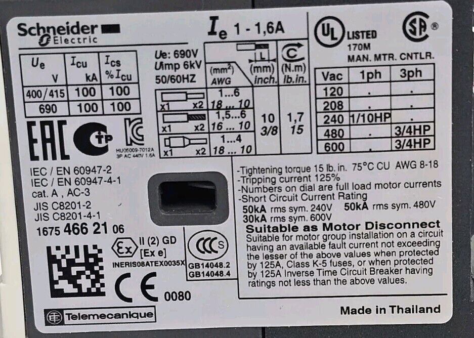 NIB SCHNEIDER ELECTRIC GV2 ME06 MOTOR CIRCUIT BREAKER GV2ME06
