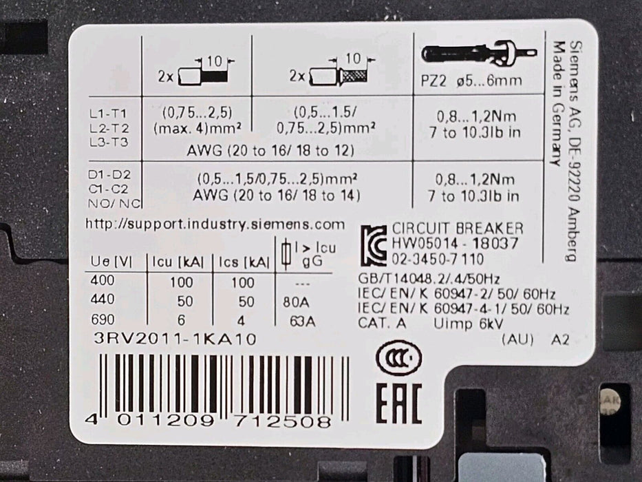 NIB SIEMENS 3RV2011-1KA10 CIRCUIT BREAKER 9-12.5 AMP 3RV20111KA10