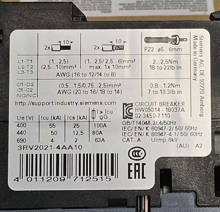 NIB SIEMENS 3RV2021-4AA10 CIRCUIT BREAKER 3RV20214AA10, 10-16A