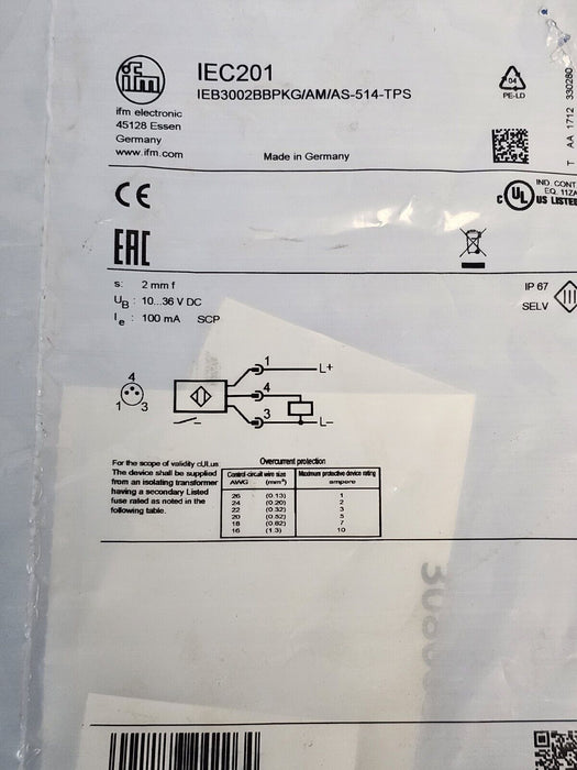 NEW IFM EFECTOR IEB3002BBPKG/AM/AS-514-TPS SENSOR IEC201