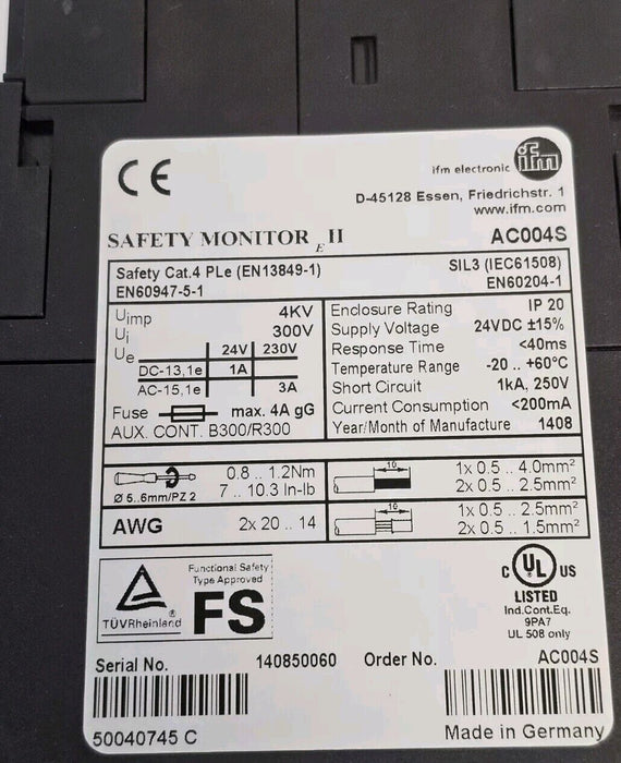 NEW IFM EFECTOR SAFETY MONITOR/2 CHANNEL-AC004S SAFETY MONITOR AC004S ...