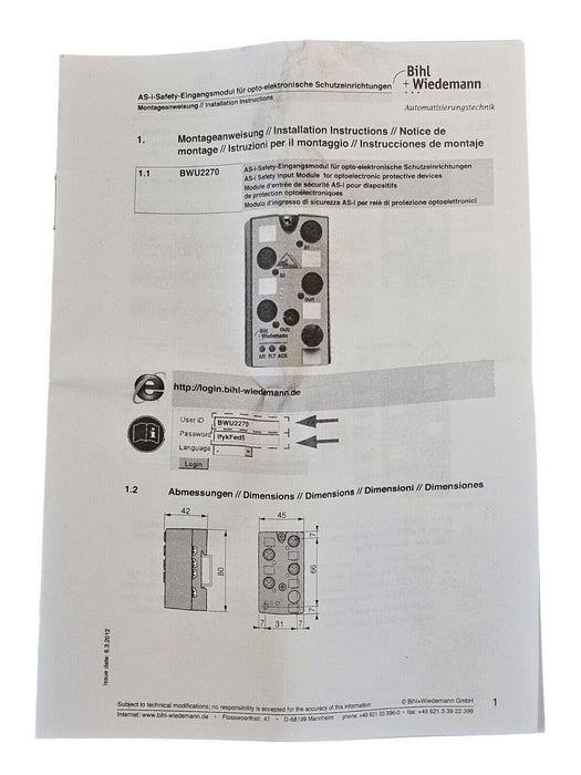 BIHL & WIEDEMANN BWU2270 SAFETY INPUT MODULE IDENT. NO: 12942