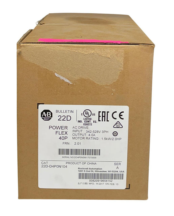 ALLEN BRADLEY 22D-D4P0N104 /A PowerFlex 40P AC DRIVE 1.5kW/2.0HP 3PH 5.7A USNP