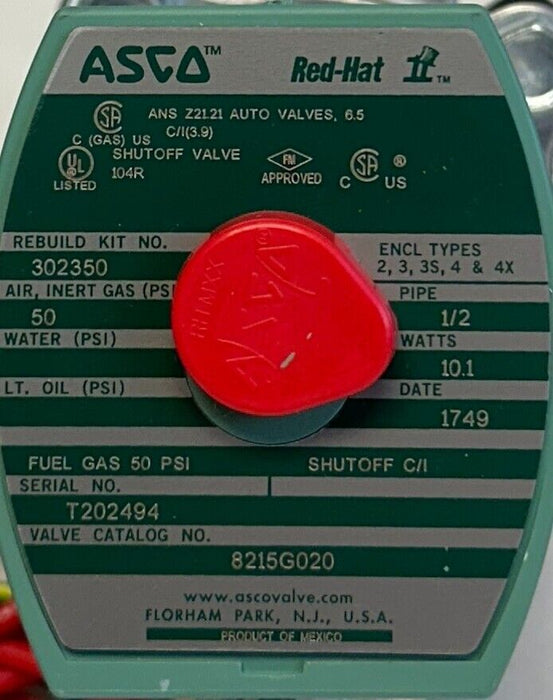 ASCO 8215G020 RedHat SOLENOID VALVE 110/120V 50/60Hz COIL 1/2'' 10.1W NSMP