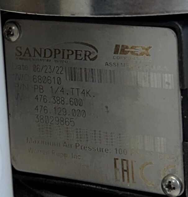 WARREN RUPP SANDPIPER PB1/4,TT4K / PB14TT4K / PB1/4 DIAPHRAGM PUMP 100PSI NSMP