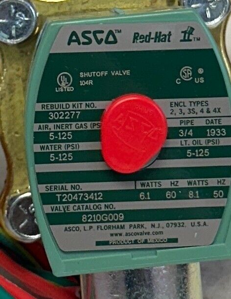 ASCO 8210G009120/60,110/50 / 8210G009 Red-Hat SOLENOID VALVE 3/4'' 110/120V NSMP