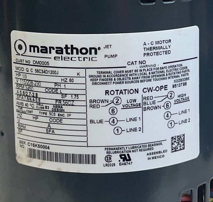 BELL & GOSSETT MARATHON DM0005 / 180096 MATCHMAN REPLACEMENT MOTOR 1/3HP NSMP