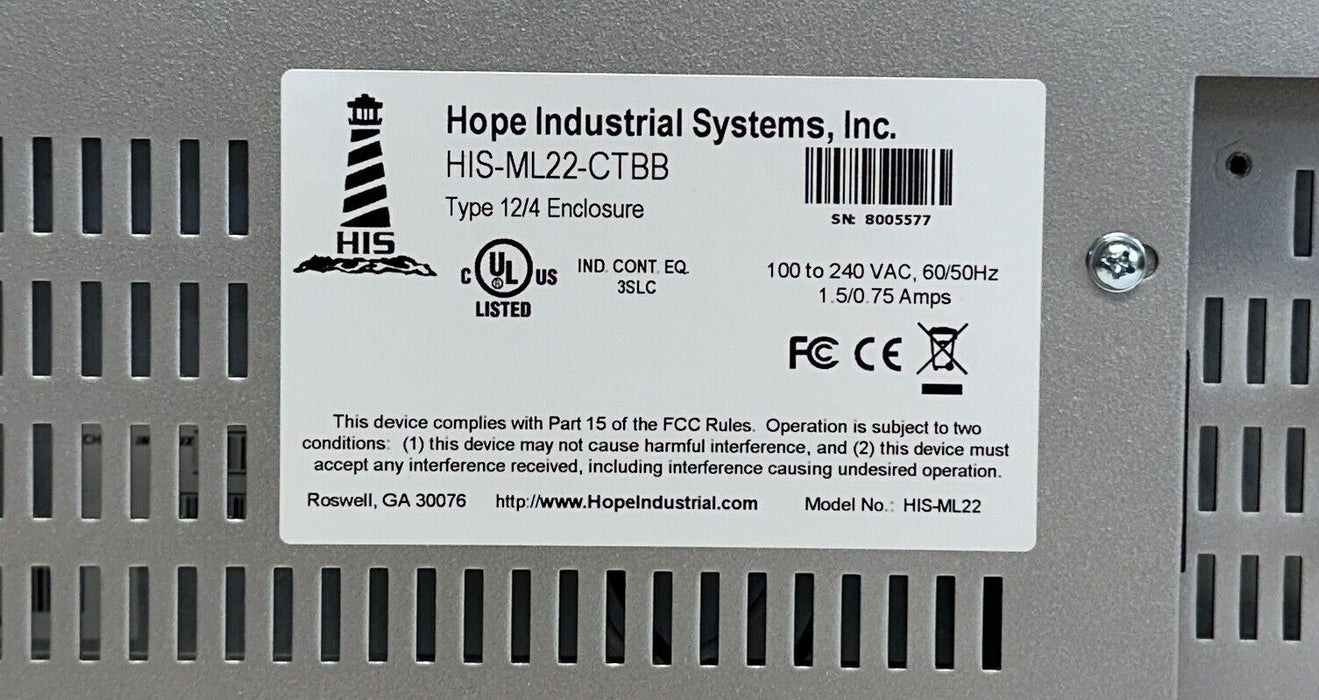 HOPE INDUSTRIAL SYSTEMS HIS-ML22-CTBB / HIS-ML22 TOUCHSCREEN 100-240VAC USNP