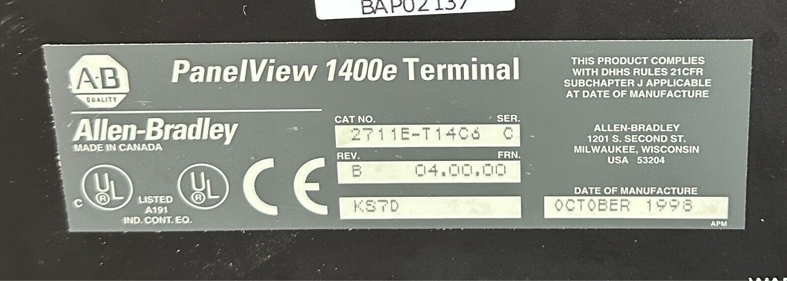 ALLEN BRADLEY 2711E-T14C6 /C PanelView 1400e TERMINAL TOUCH 115-230VAC REPAIRED