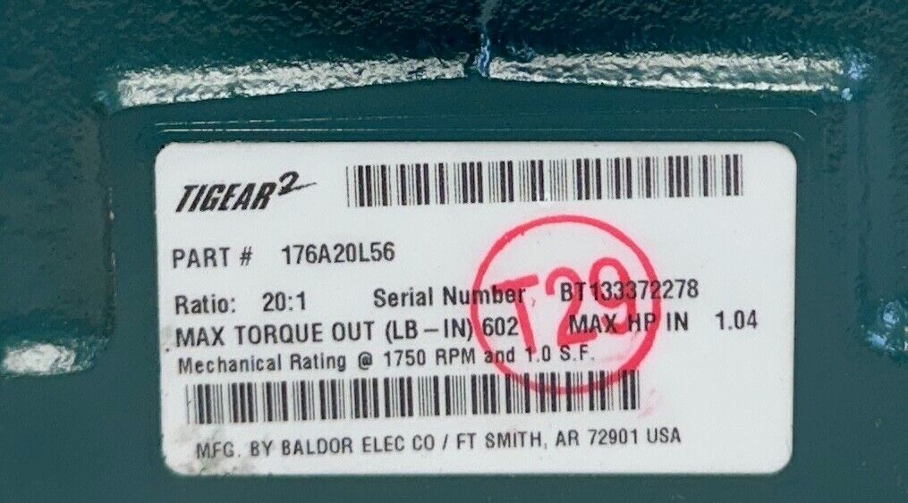 DODGE 176A20L56 TIGEAR-2 REDUCER-EXT O/P SHAFT 20:1 RATIO 1.04HP MAX NSMP